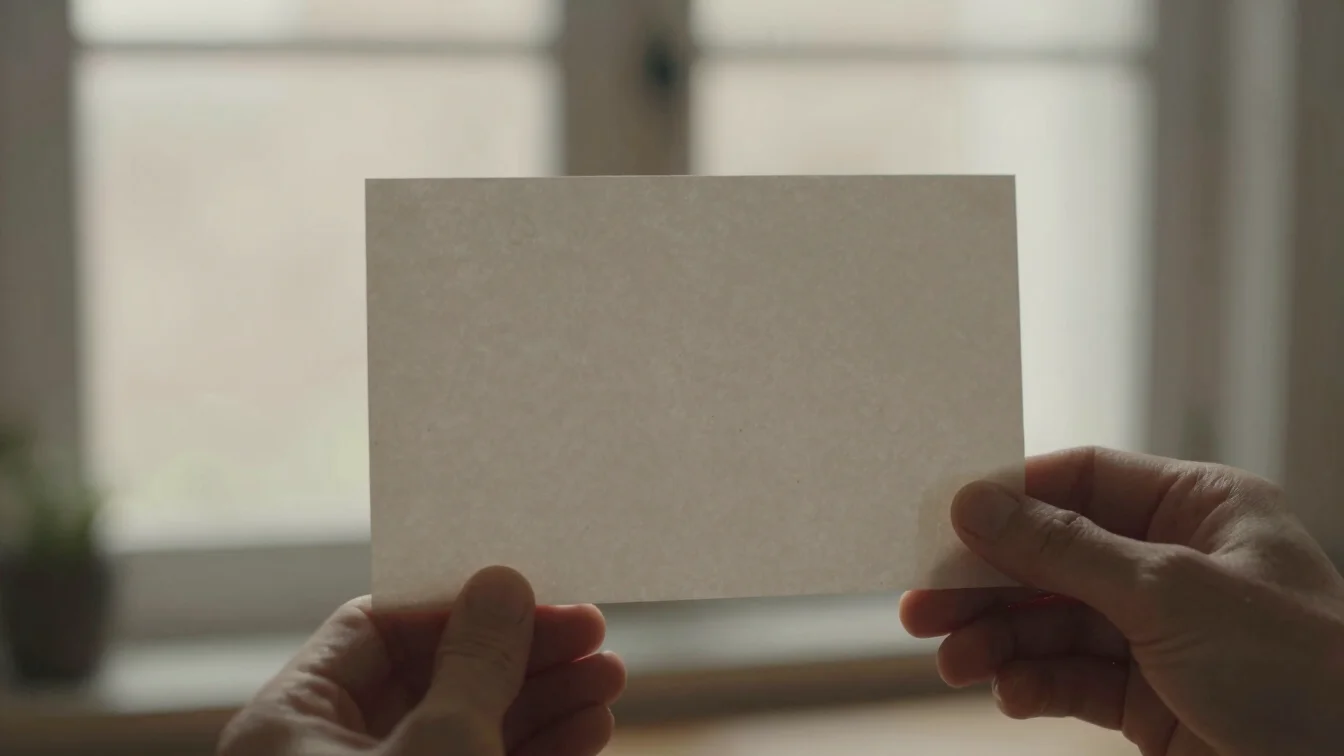 Tactile editorial photography, a single visual card held gently i