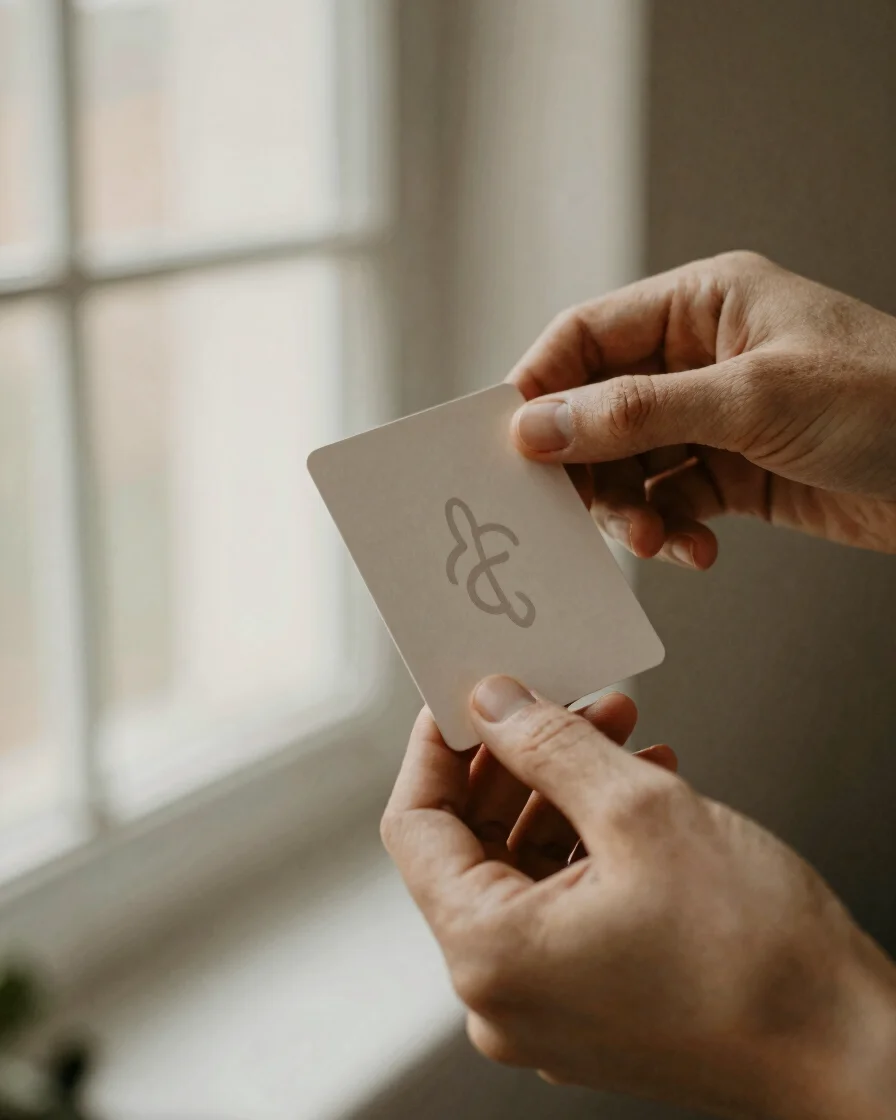 A close-up, tactile editorial photograph of hands gently holding a visual insight card, soft natural window light castin