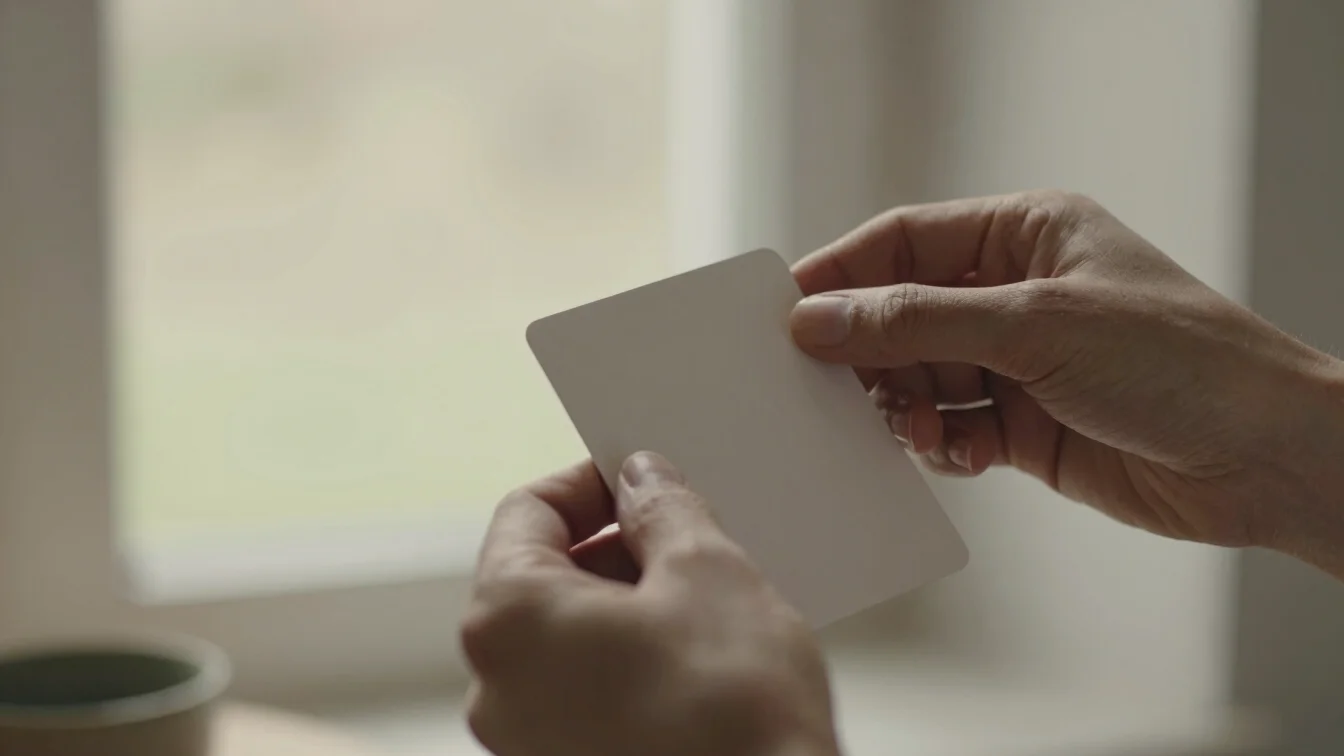 A single visual insight card being examined closely by one person's hands, soft natural window light, muted warm earth t