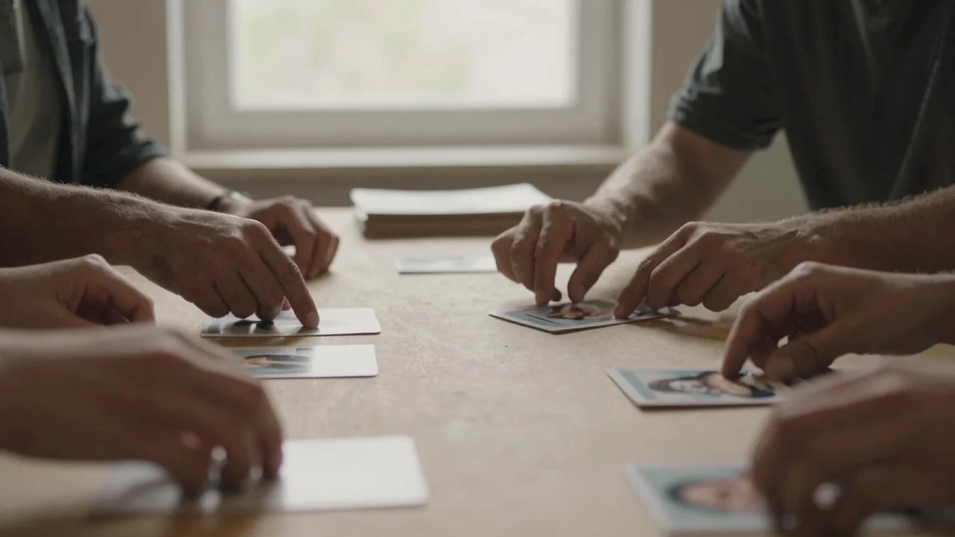 A small group of hands interacting with visual insight cards on a shared table, soft natural window light in an atelier