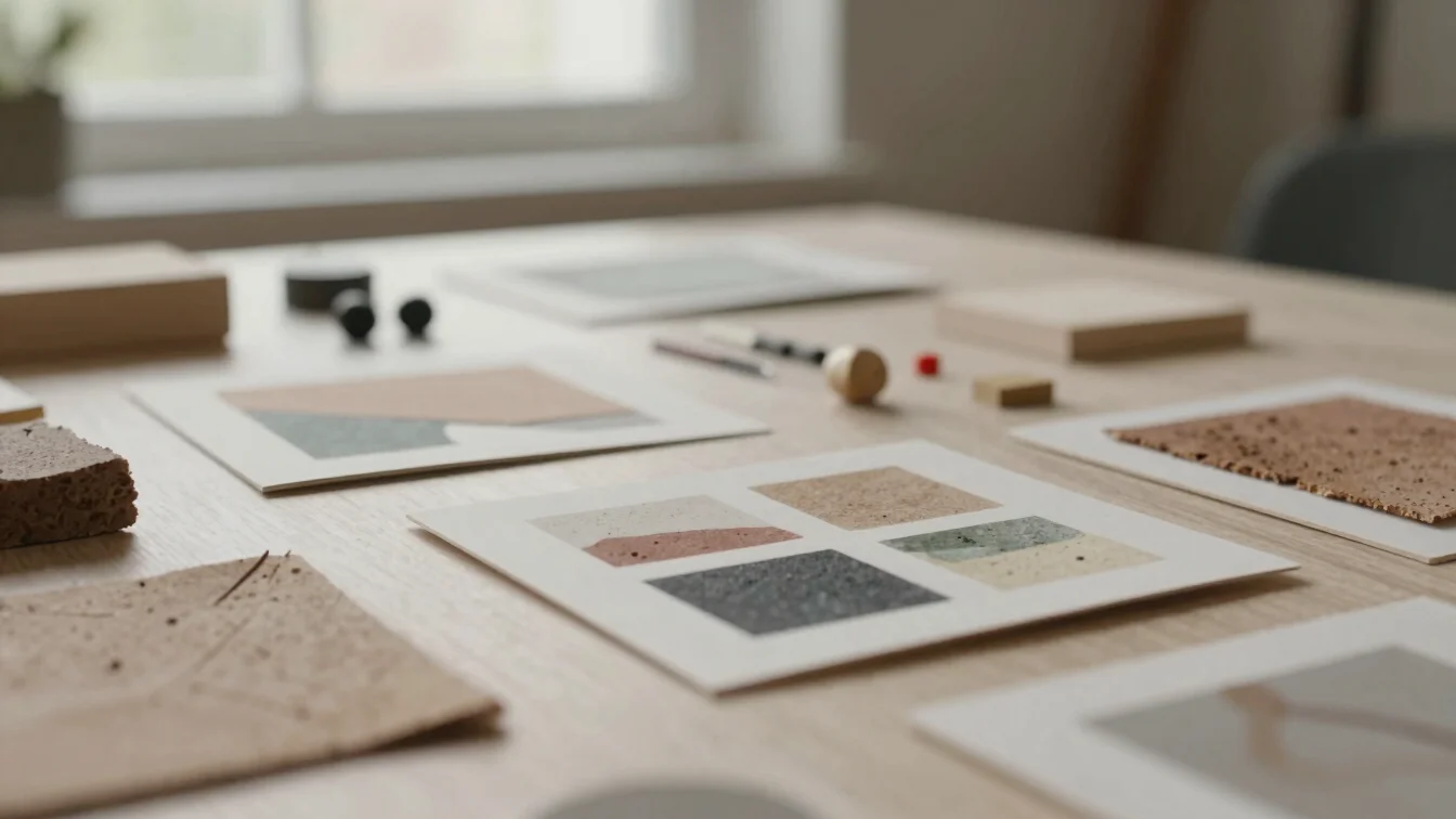 Abstract shot of textured materials and small objects arranged around a visual insight card, suggesting a creative works