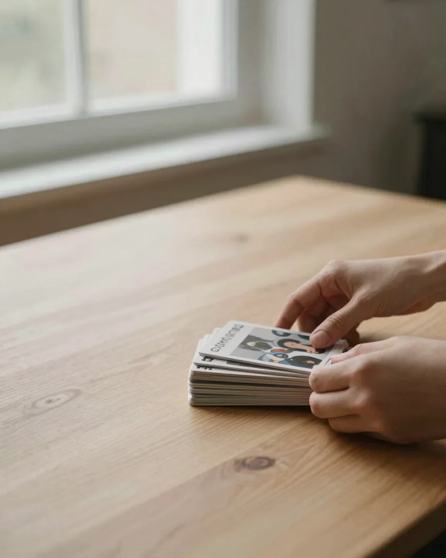 Tactile editorial photography, hands gently touching a stack of v