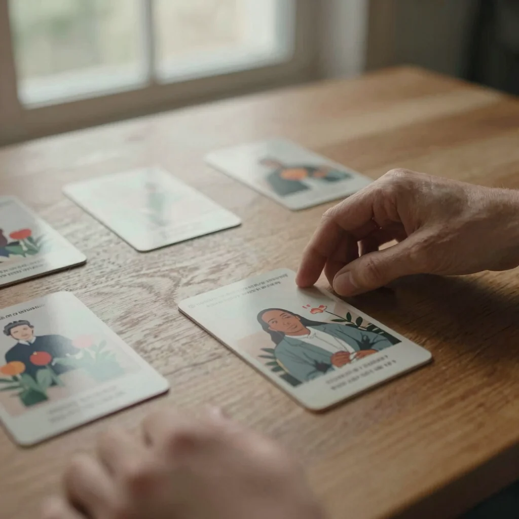 Overhead shot of several visual insight cards arranged artfully on a wooden table, hands lightly touching one, soft natu