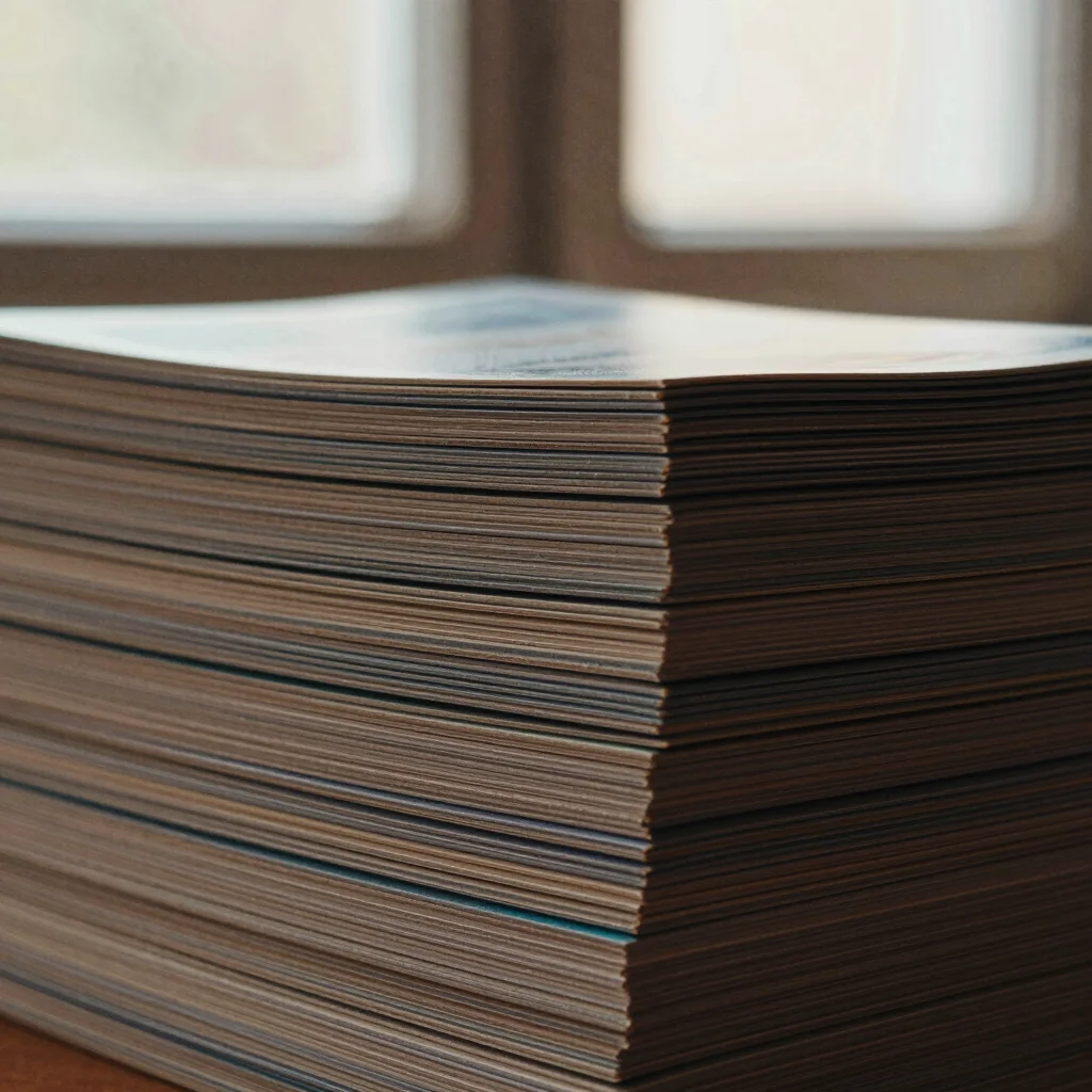 Close-up of the edge of a stack of visual insight cards, revealing the thickness and texture, soft natural window light,