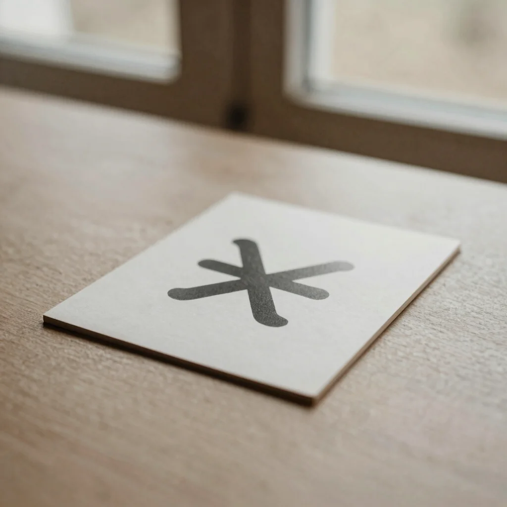 A single visual insight card with an abstract symbol, placed on a minimalist surface, natural light creating soft shadow
