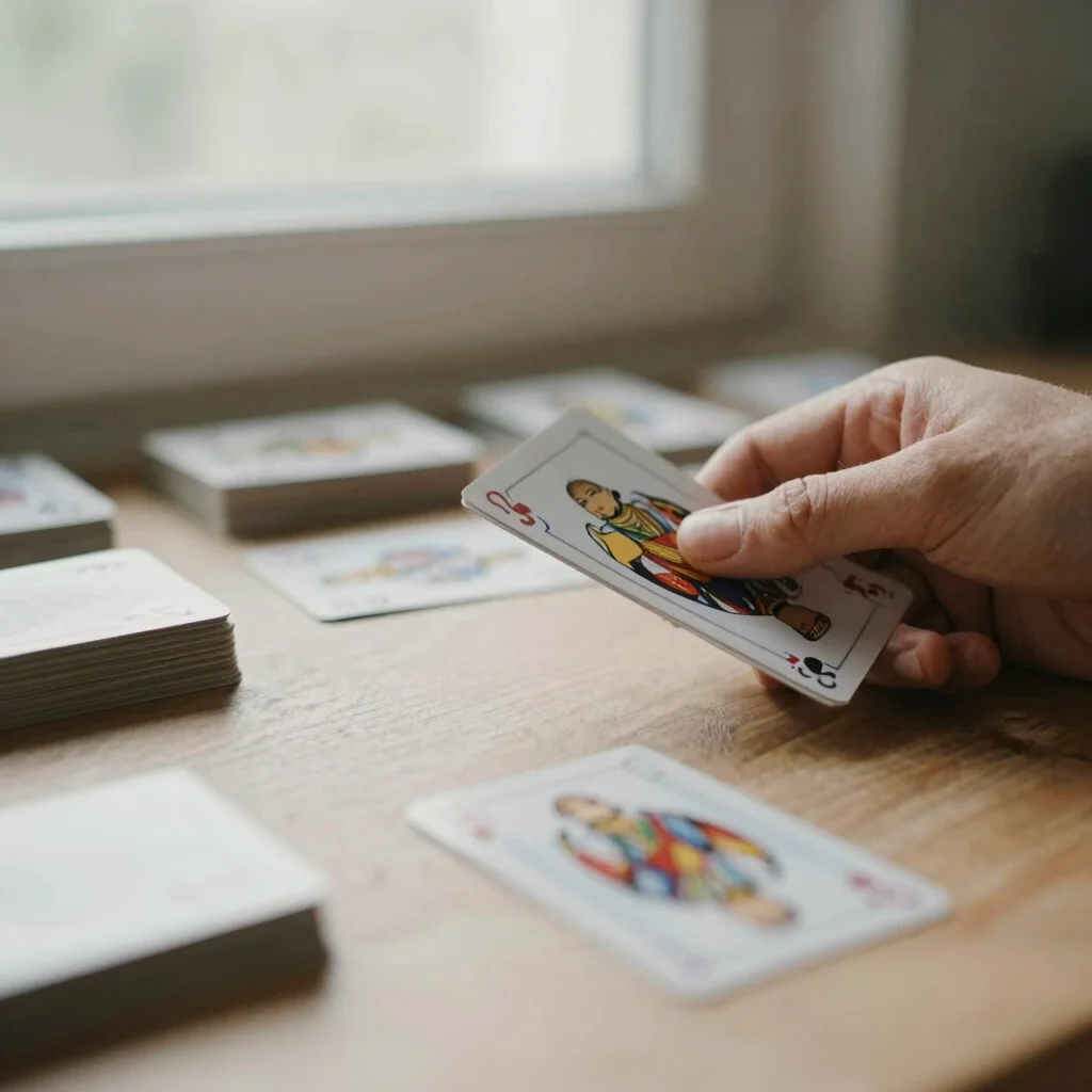 Hands gently shuffling a deck of visual insight cards, focus on the movement and texture, soft natural window light, mut